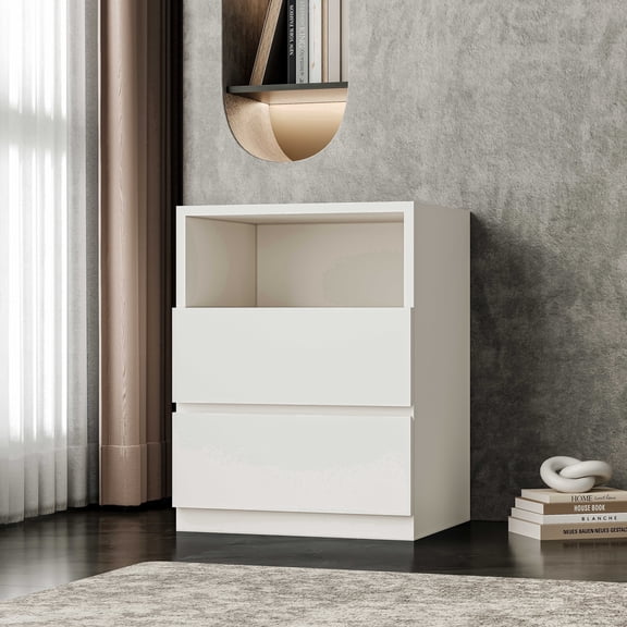 19.7''W White Nightstand Sideboard Cabinet with 2 Drawers and Open Shelf, Chest of Drawers for Home and Office
