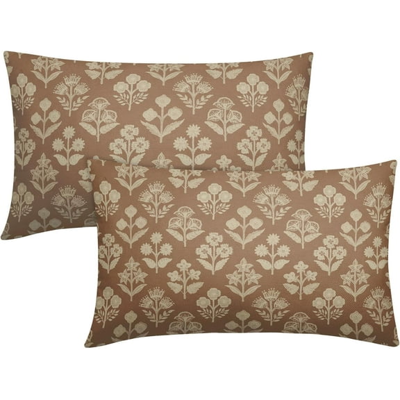 Brown Pillow Covers 12x20 Inch Set of 2, Cream Floral Block Print Pattern Lumbar Decorative Throw Pillowcases Outdoor Farmhouse Rectangle Cushion Covers Spring Summer Sofa Couch Bed Decor