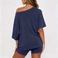 thumbnail image 3 of Women Off The Shoulder Lounge Set Loose Short Sleeve Top High Waist Biker Shorts Matching Outfit Two Piece Tracksuit Navy XL, 3 of 4