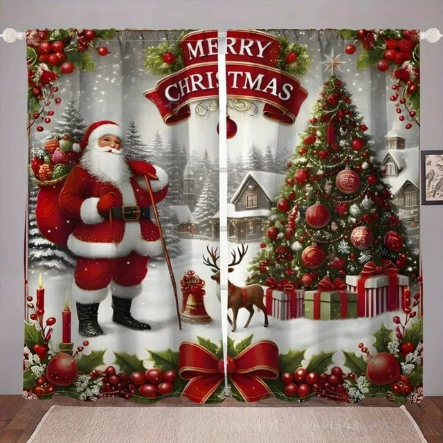 Oliegs Couverture Rideaux Imprimés des Fêtes 2 Rideaux Plats 2D Imprimés Rouges de Noël avec Flocons de Neige et Branches pour Chambre Salon Fête des Fêtes