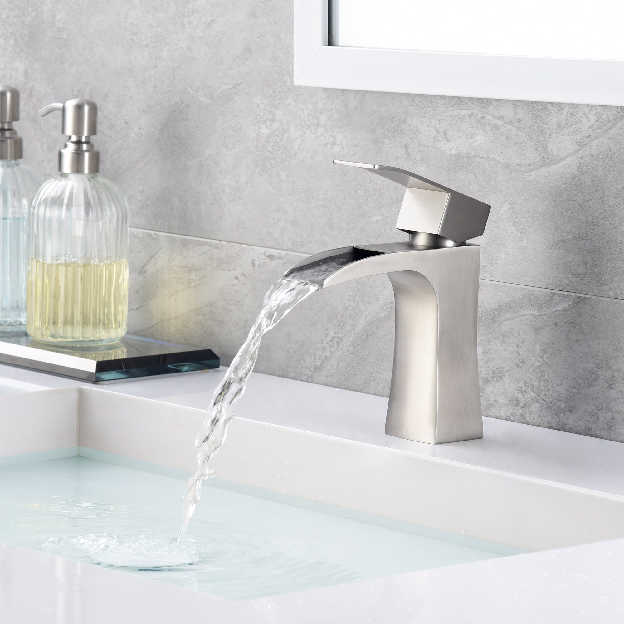 SUMERAIN Bathroom Faucet Brushed Nickel Single Hole Waterfall Bathroom Sink Faucet Stainless Steel Vanity Faucet