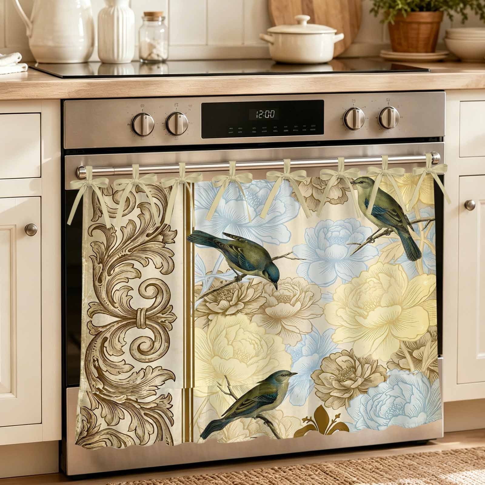Retro Flowers Bird Oven Skirt for Farmhouse Kitchen D&eacute;cor Country Rustic Vintage Baroque Floral Oven Curtain Tie Top Decorative Stove Skirt Cabinet Dish Washer Curtains 8 Ribbon Ties 30 x21.5