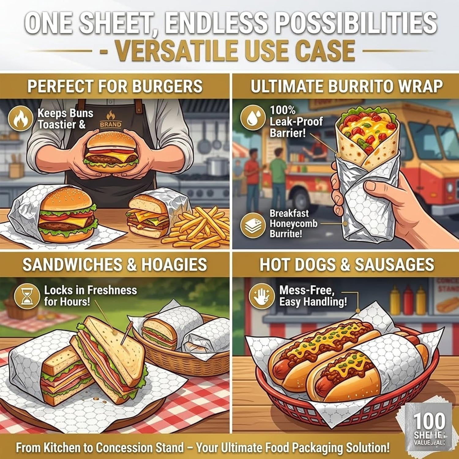 Insulated Foil Paper, 100PCS Insulated Foil Paper, Sandwich Wrapping Papers, Suitable for All Foods in the Kitchen