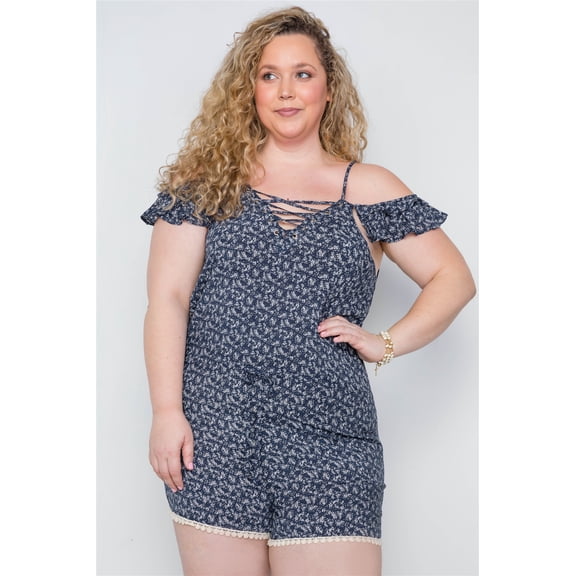 Plus Size Navy Floral Print Lace Up Romper 1XL