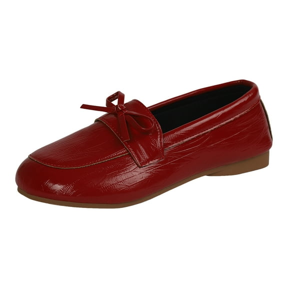 Womens Flat Leather Loafers Cute Bowknot WideToe Box Non Slip Work Shoes Lightweight Slip On Casual Dress Loafer Red Size 7