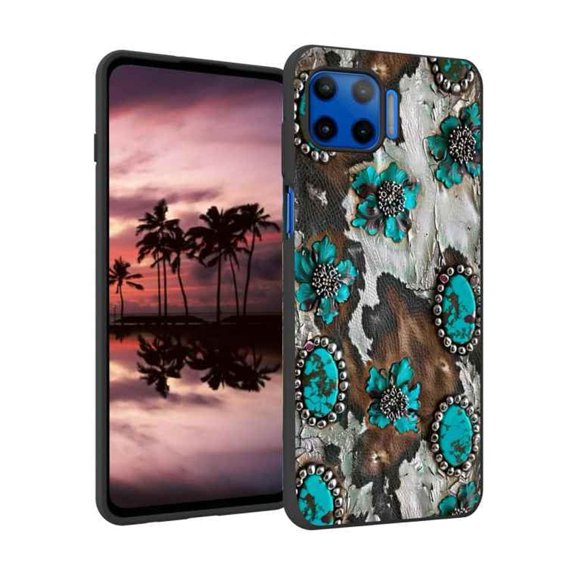 cow-print-with-turquoise-and-silver-1 Phone Case, Designed for Moto One 5G Case Soft Silicon for women girls boys wife gift,Shockproof Phone Cover