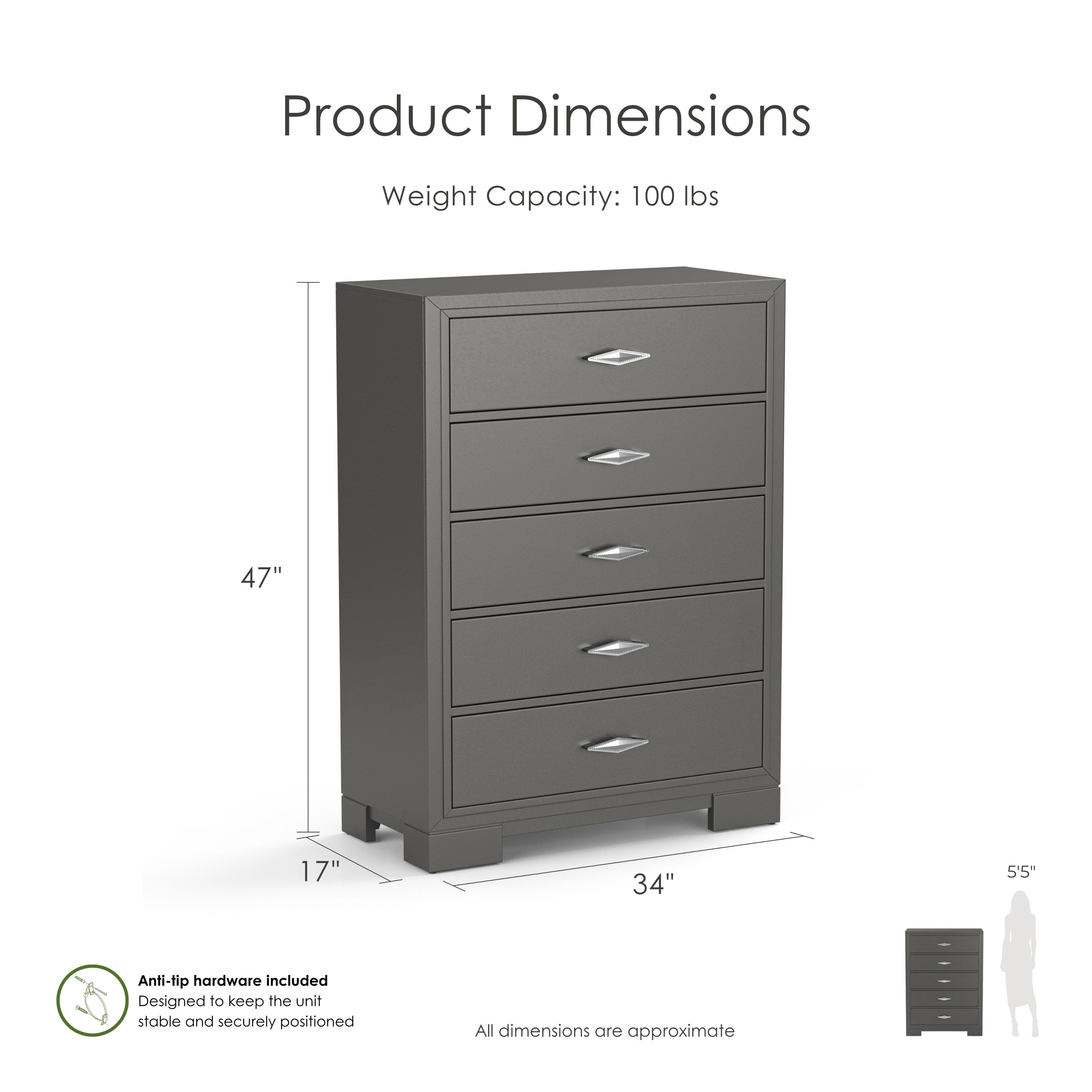 Furniture of America Willow Wood 5-Drawer Chest, Metallic Gray