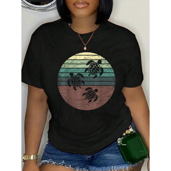 100% Cotton Retro Sea Turtle T-Shirt Women's Graphic Tee Casual Tops
