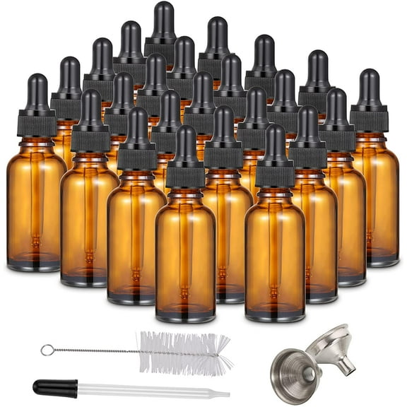 Cibeat 24 Pack 1oz Amber Glass Dropper Bottle with 2 Funnels /Glass Dropper /Brush -30ml Leakproof Bottles for Liquids