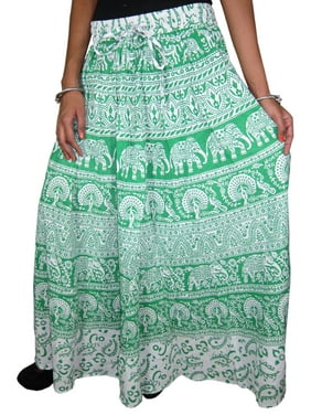 Mogul Women's Indian Long Skirt Green White Printed Cotton Skirts