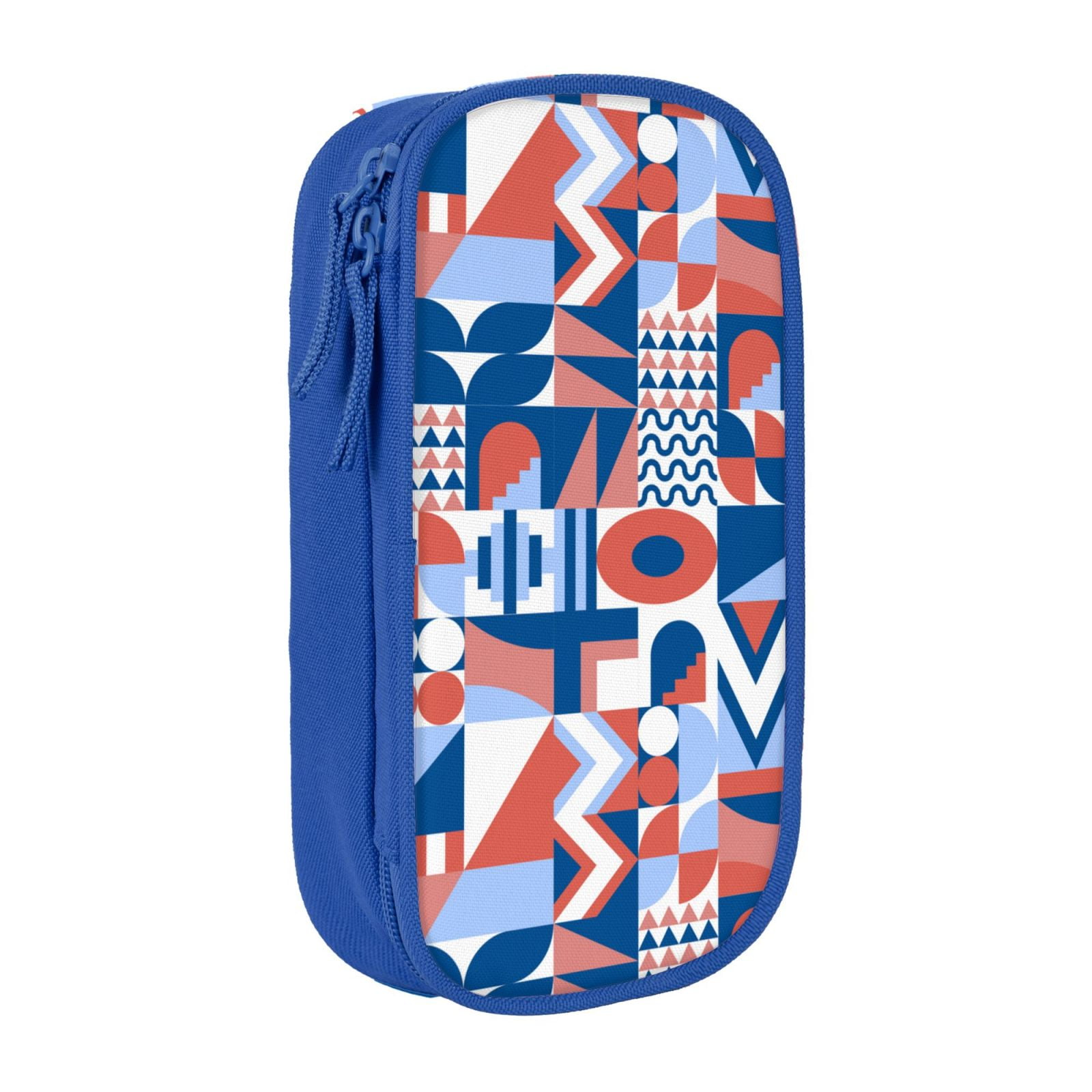 Large Storage Pencil Case, Flat Color Blue Block Pattern with Zipper