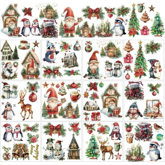 12 Sheets Animals Rub on Transfers for Crafts and Furniture Penguin Elk Snowman Rub on Transfer Stickers PVC Rub on Decal for DIY Home Window Wood Decor 5.5x5.5inch(14x14cm)