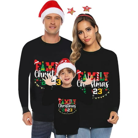 

Christmas Pajamas for Family Black Family Pjs Matching Sets Children Parent Child Outfit Santa Merry Printed Long Sleeved Pullover Casual Round Neck Sweatshirt