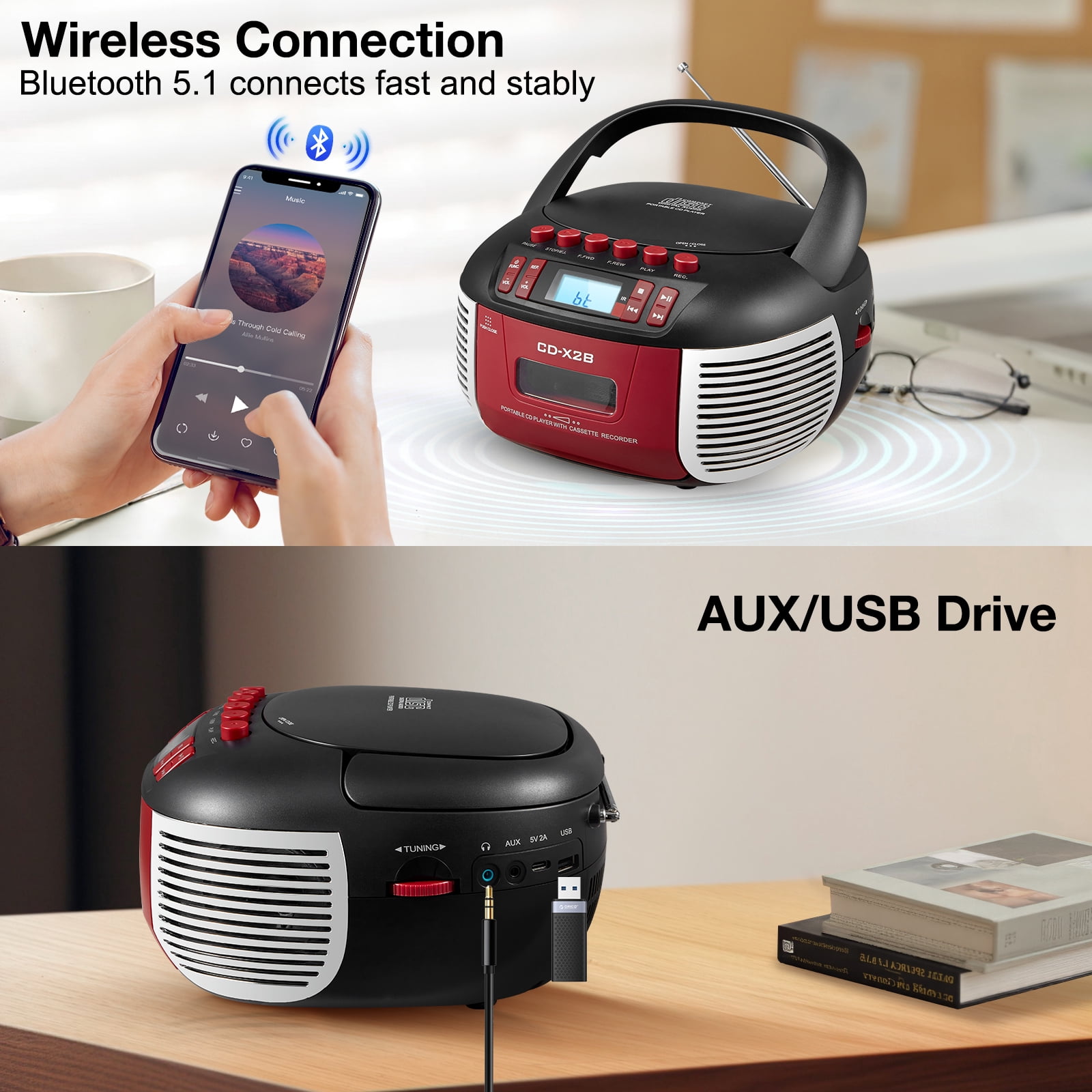 Cassette Boombox CD Player Combo with Bluetooth and Remote,Stereo Speakers,FM Radio,Tape Recording.