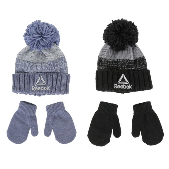 Reebok 4-Piece Toddler Winter Hats and Mittens Set - 2 Hats & 2 Pairs of Mittens - Black/Gray & Navy/Gray, 2T-4T
