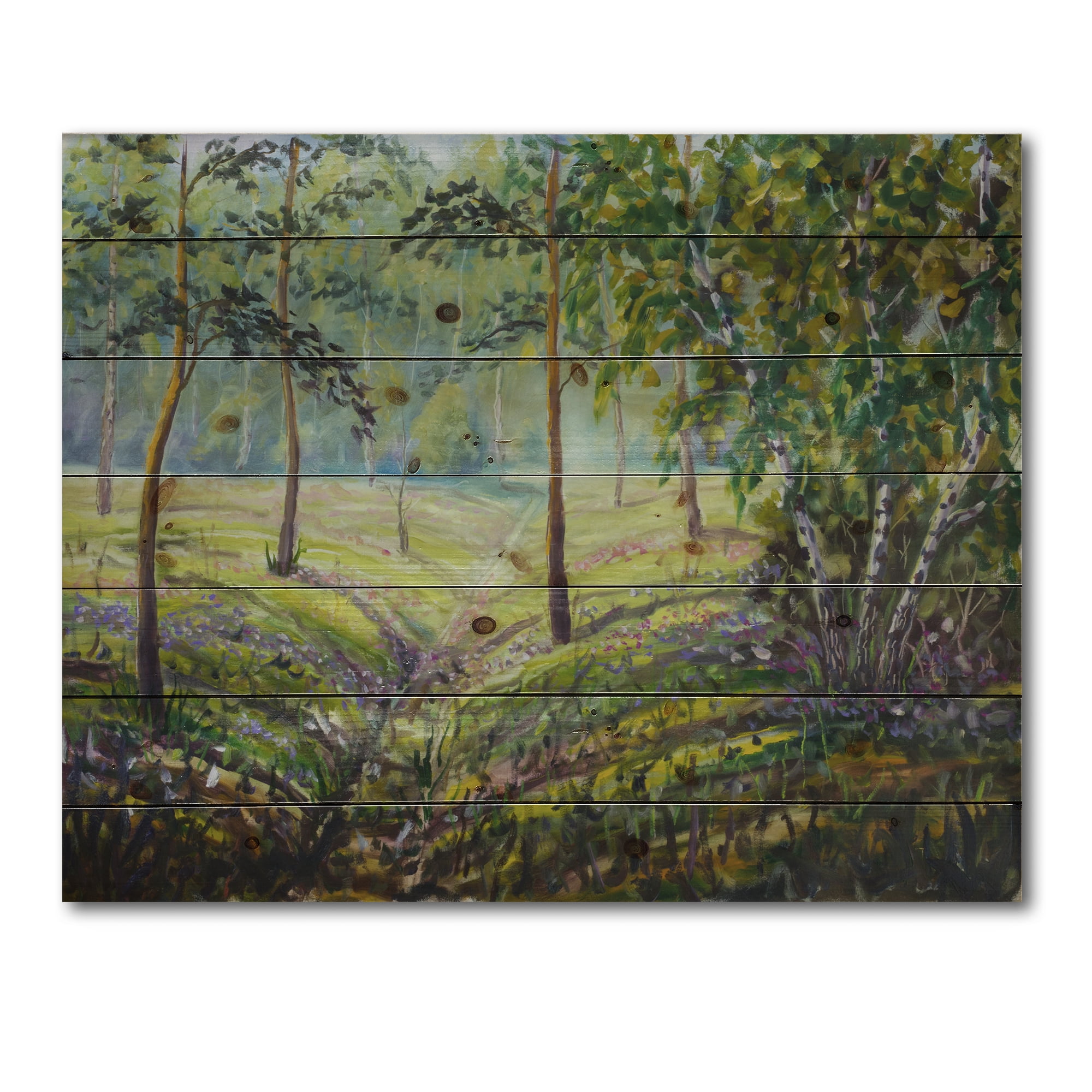 Designart 'Bushes and Pine Trees In The Forest I' Lake House Print on Natural Pine Wood