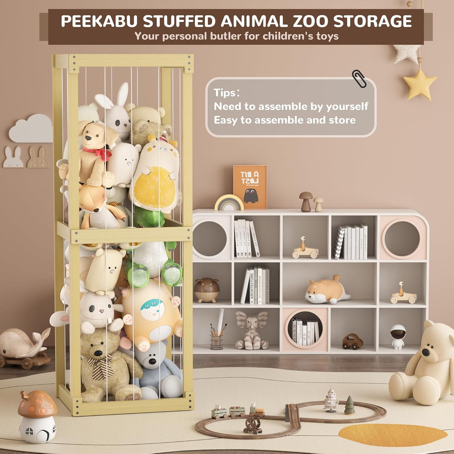 Peekabu Extra Large Stuffed Toy Storage, Stuffed Animal Holder Wooden Plush Storage, Organizer Shelf with Elastic Band for Birthday Gift for Toddler & Kid, Bedroom Decor Corner