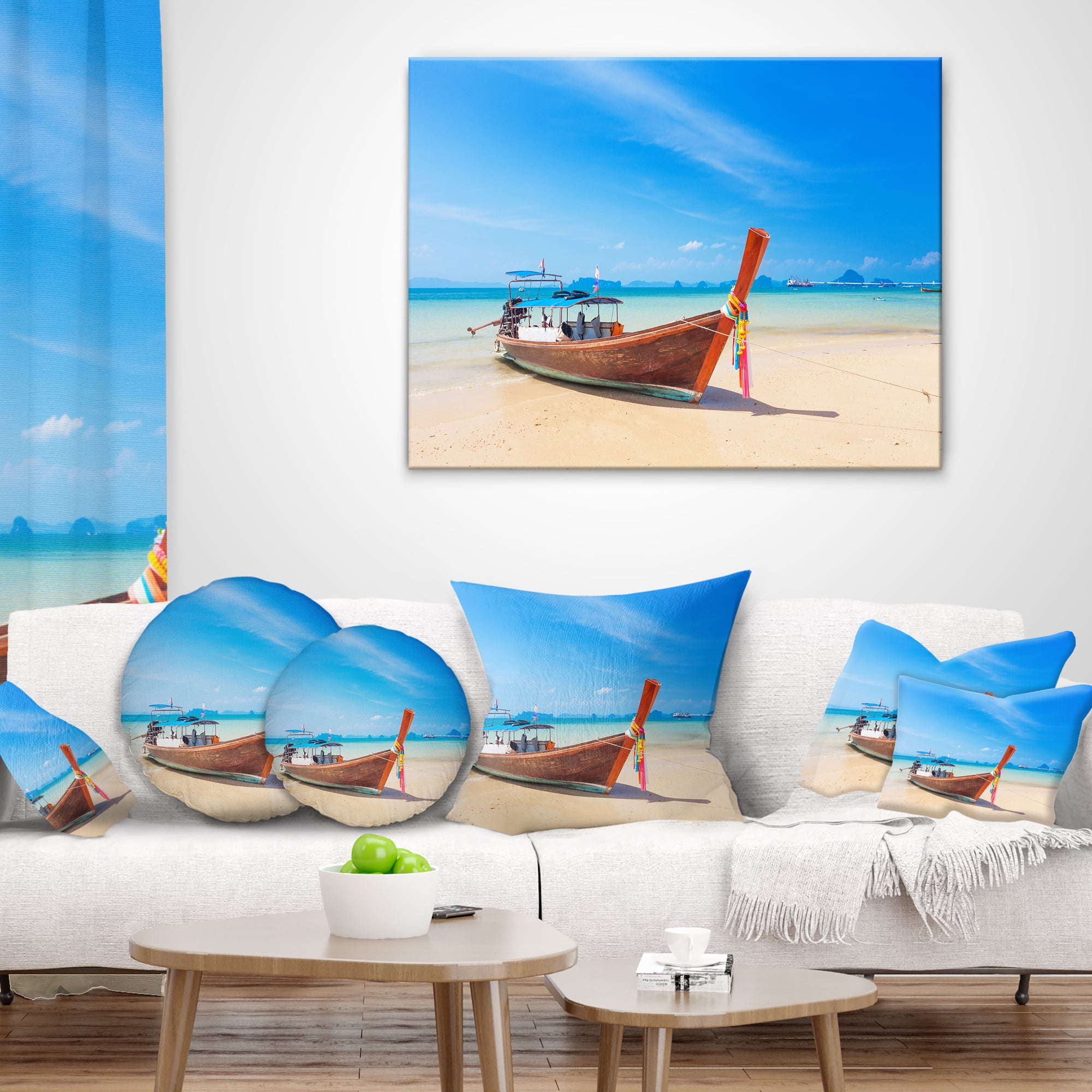 Designart Tropical Beach with Boat - Seashore Photo Throw Pillow - 12x20