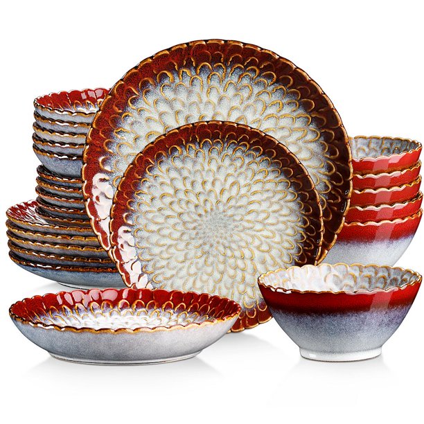 vancasso, Series Chrys, 24Piece Stoneware Dinnerware Set, Red Dinner