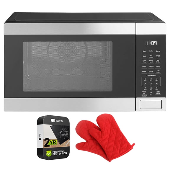 GE GCST10A1WSS 3-in-1 Microwave Oven 1,050 Watts Air Fryer Broiler & Convection 1.0 Cu. Ft Bundle with 2 YR CPS Enhanced Protection Pack and Deco Chef Pair of Red Heat Resistant Oven Mitt