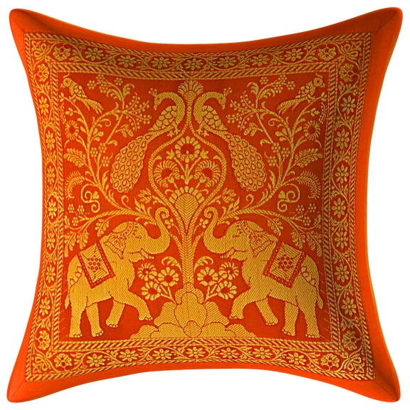 Stylo Culture Ethnic Living Room Sofa Brocade Orange And Gold Decorative Throw Pillow Covers 12x12 Jacquard Weave Banarsi Linen Pillow Covers Elephant Peacock 30x30 cm Cushion Covers (1 Pc)