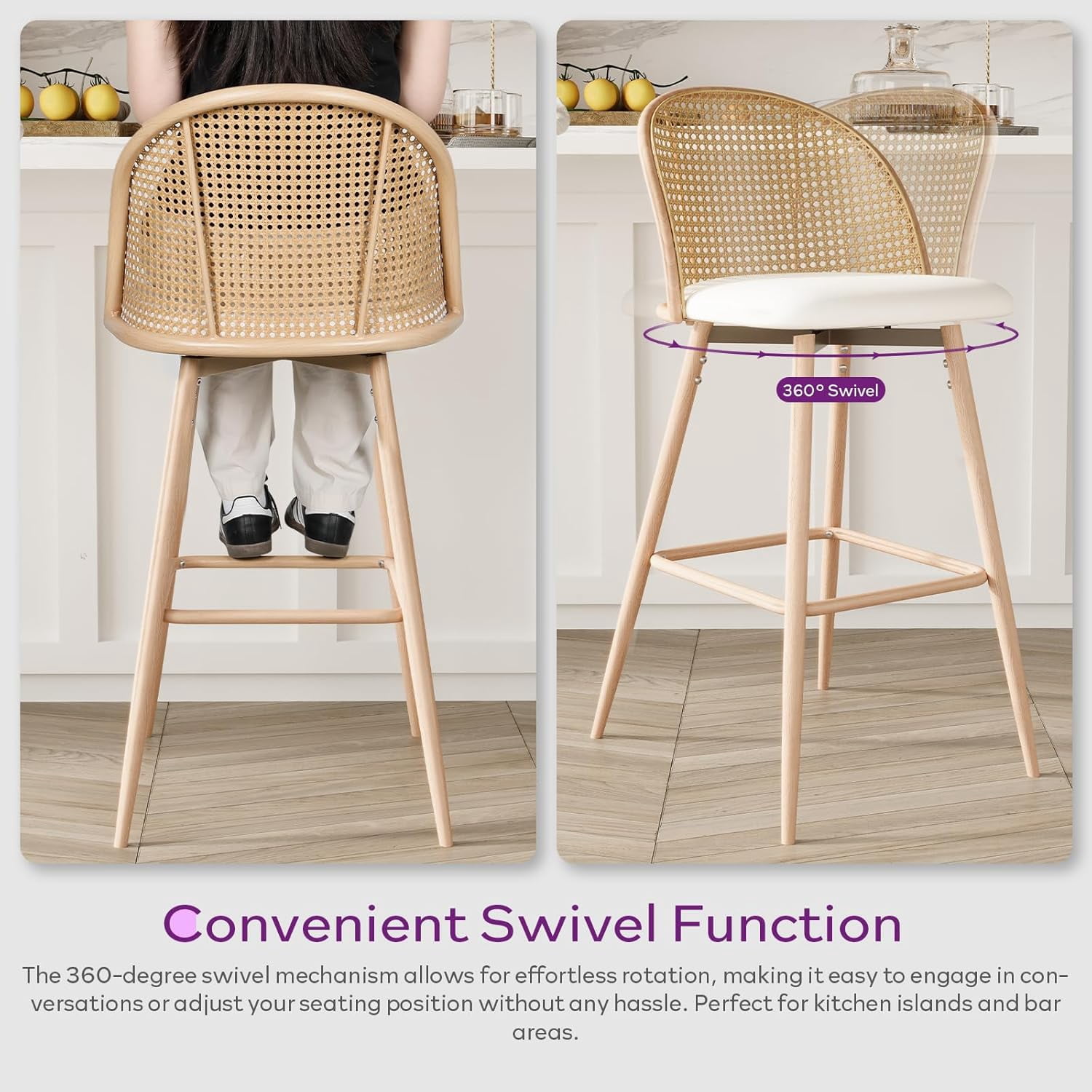 LAZZO 29“ Swivel Bar Stools Set of 2, Boho Rattan Counter Height Bar Chairs for Kitchen Island, White