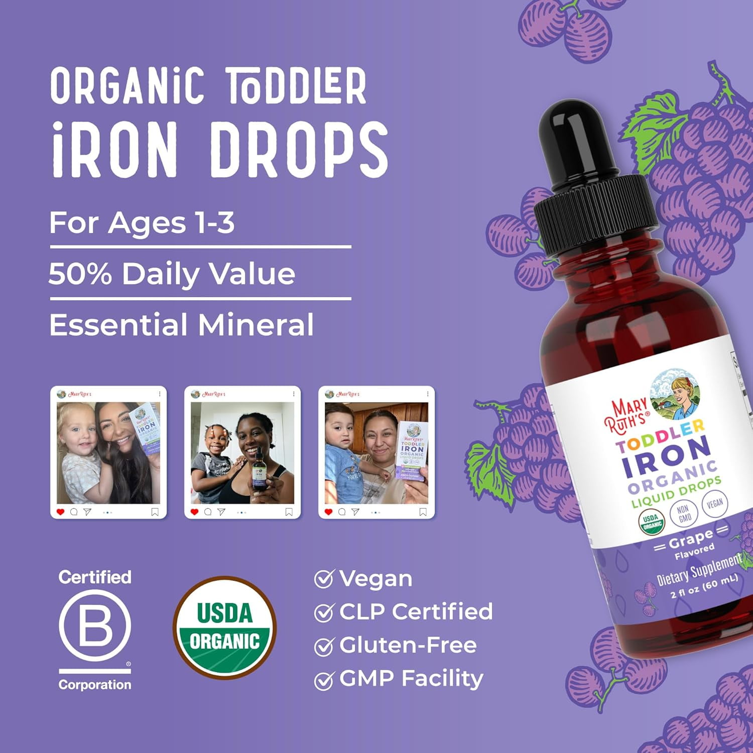 MaryRuth's USDA Organic Toddler Iron Liquid Drops for Ages 1-3, Grape, 2 oz