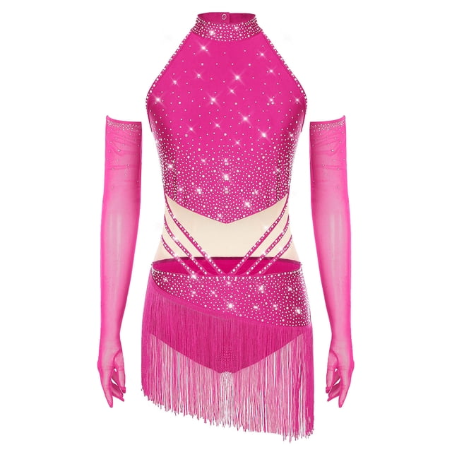 Aiihoo Robe de Danse Latine à Franges pour Femmes Jazz Tango Rumba Justaucorps de Gymnastique avec Gants HotPink L