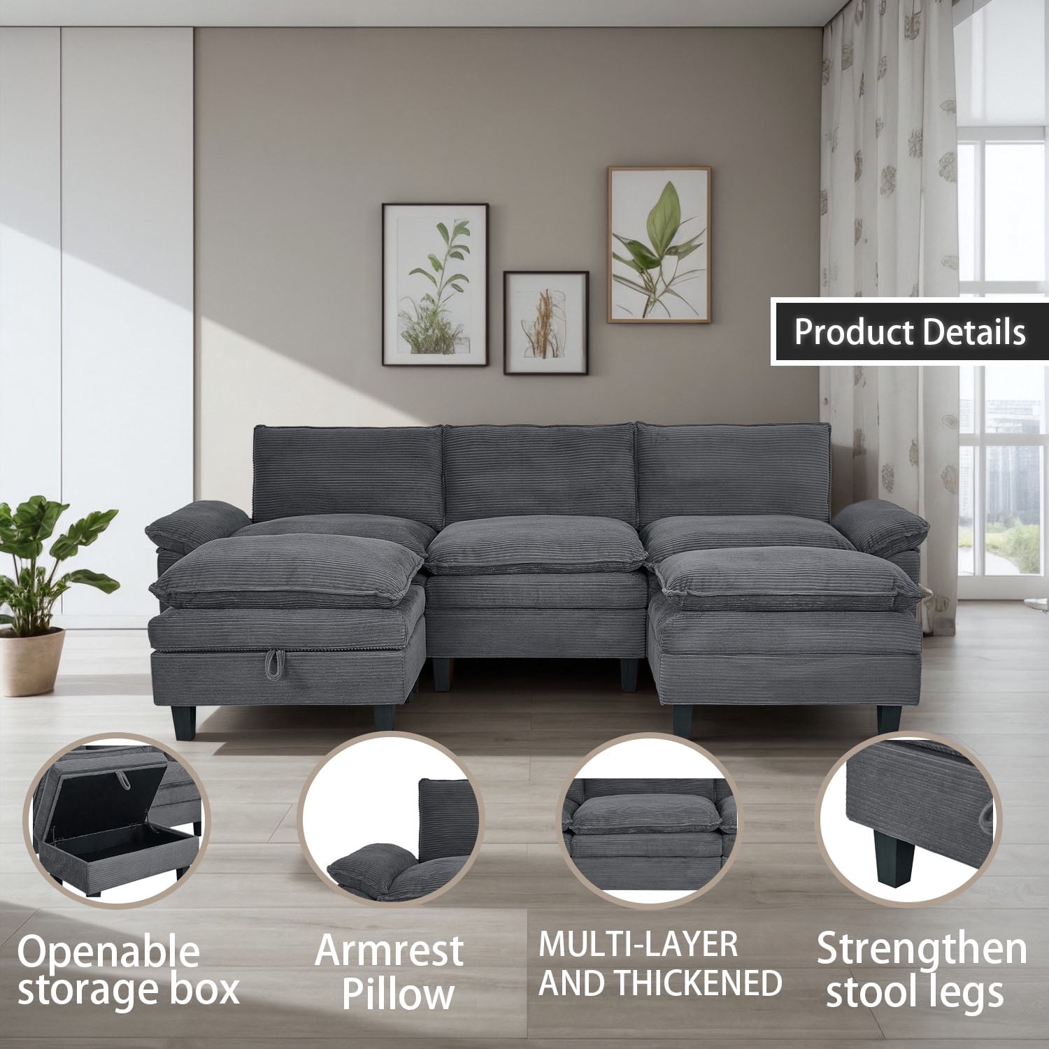 Gewnee Sectional Convertible Sofa U Shaped Modular Couch with Double Movable Tea Table Ottoman Corduroy Oversized Sofa Couch