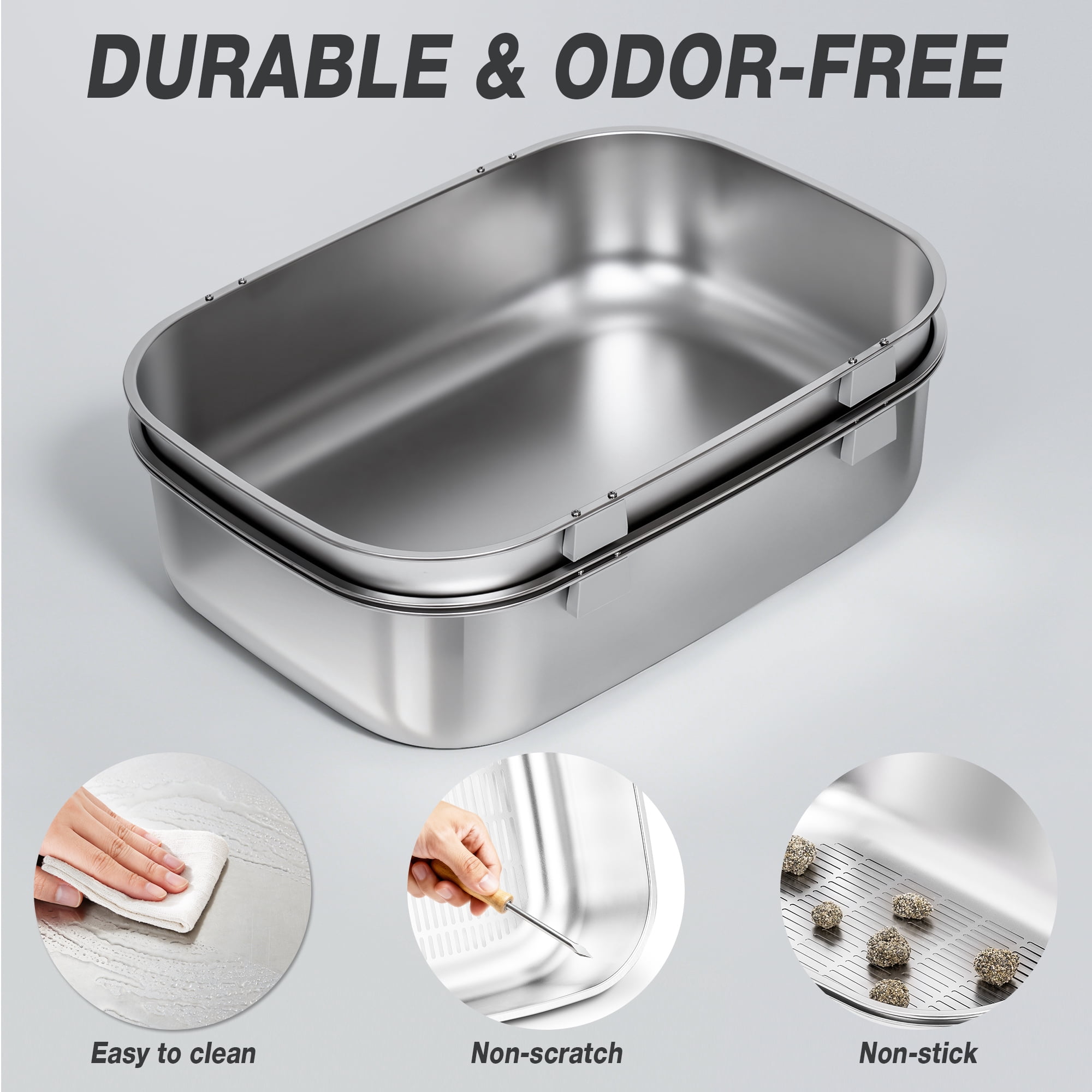 Furrbby Extra Large 3-Second Sifting Stainless Steel Cat Litter Box, Odor Control Triple-Pan System, Silver