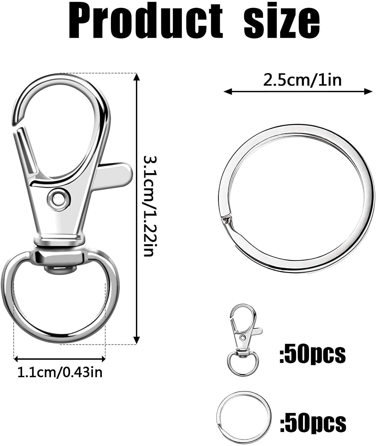 50PCS Swivel Clasp Hooks, Key Chain Hooks, Metal Swivel Lobster Claw Clasps, Lanyard Snap Hooks with Key Rings for Keychain Clip Lanyard Jewelry DIY Crafts(Silver)