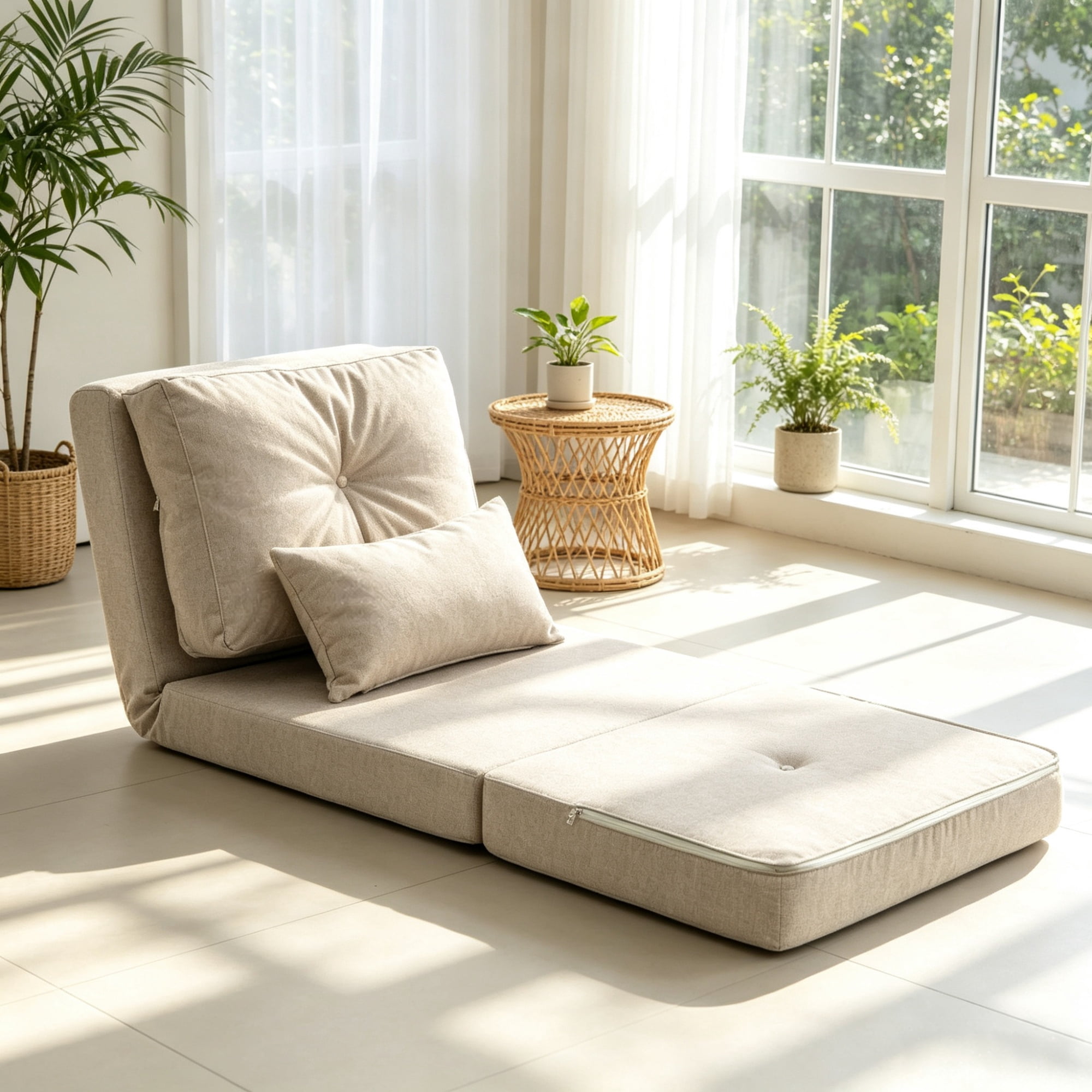 Beige Convertible Floor Sofa Bed, No Assembly Required Folding Upholstered Couch, Adjustable Backrest Floor Chair