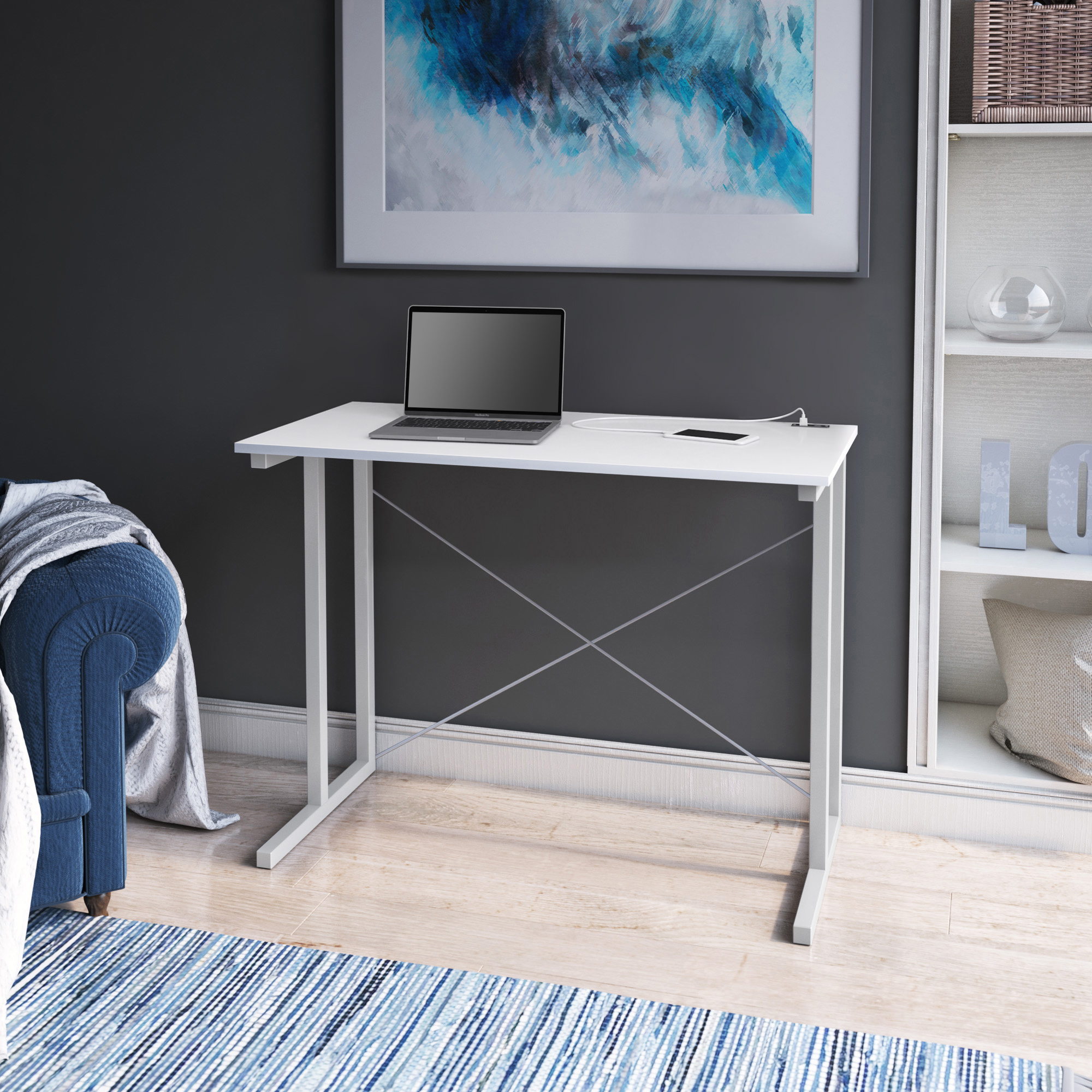 Twin Star Home Modern Metal Frame Writing Desk with USB Charging Ports