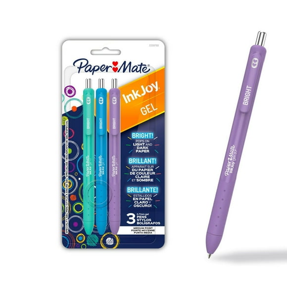 Paper Mate InkJoy Bright Pens, Gel Pens with Paint-like Ink, Medium Point (0.7 mm), Retractable, Assorted Brighter Colours, 3 Count, InkJoy