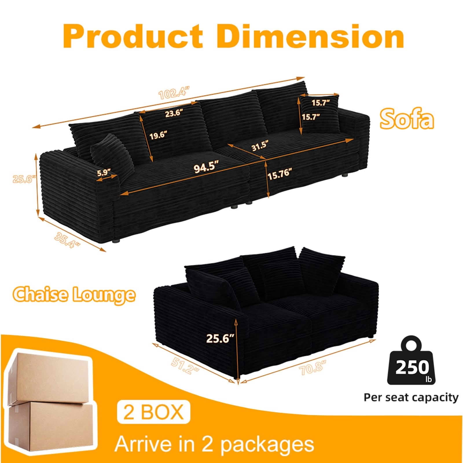 MAYEERTY 102.4" Plush Corduroy 4‑Seat Cloud Sofa, Modern Comfy Upholstered Deep Seat Couch with Soft Pillows, Convertible Sofa Lounge Chair for Living Room Bedroom