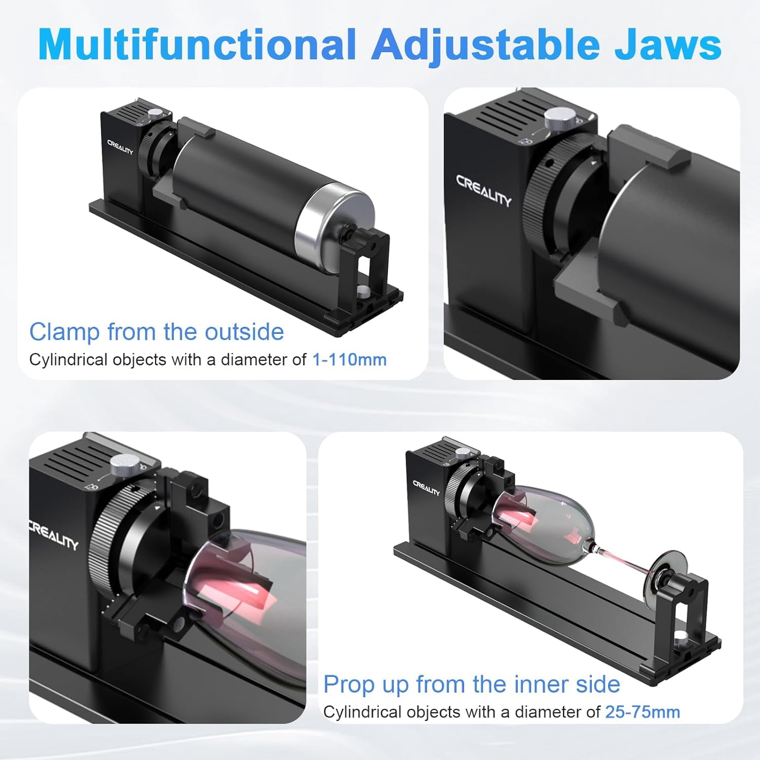 Creality Laser Rotary Roller, Y-Axis Rotary Chuck for Most Laser Engravers, Rotary Kit Pro with 3 in 1 Jaw and Module Suitable for Engraving Cylindrical Objects,Wine Glass, Tumbler, Ring,Ball