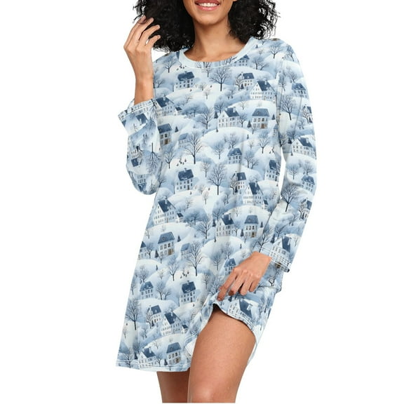 joogoo Winter Snow Landscape Women's Long Sleeve Nightgown Sleepwear L