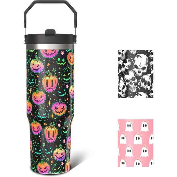 Pumpkin Halloween Gifts for Women Men, Horror Pumpkin Face Stainless Steel Insulated Travel Coffee Cup, 30 Oz Tumbler with Top Handle and Flip Straw, Star Holiday Birthday Water Bottle for Him Her
