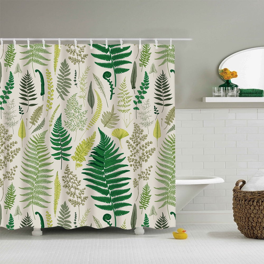 Leaf Fabric Shower Curtain with 12 Hooks Greenery Green Yellow Leaves