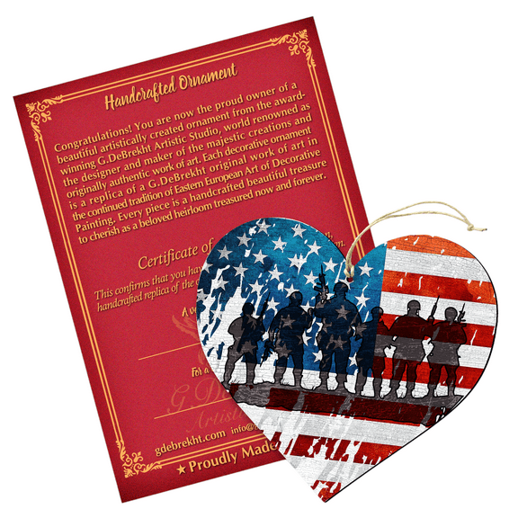 Designocracy Set of 2 Patriotic Military Heart Wooden Ornaments 5.5"