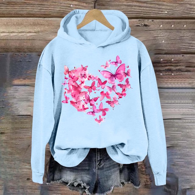 Jsaierl Sweat à Capuche Imprimé Papillon pour Femmes Tendance Manches Longues Pull Décontracté Mignon Tops 2025
