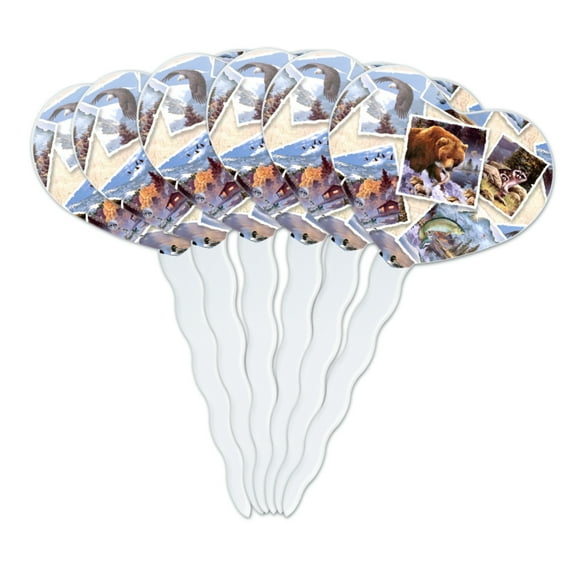 Rockies Mountain Life Fishing Bear Eagle Pattern Heart Love Cupcake Picks Toppers Decoration Set of 6