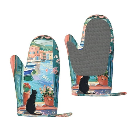 

Lukts Coastal Cat By The Window for Silicone Anti-Scalding Gloves Kitchen Lanyard Gloves for Grilling Baking Cooking