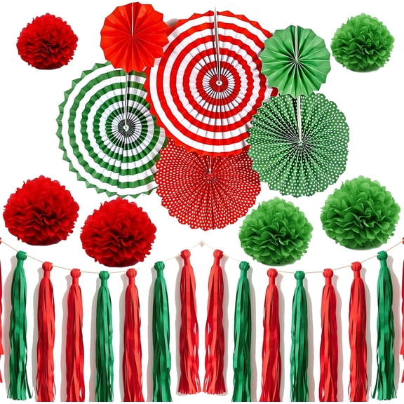 22 Pcs Red and Green Party Decorations,Christmas Party Decorations,Paper Fans Party Decorations,Christmas Decorations Indoor,Assembled Banner Garland Decor