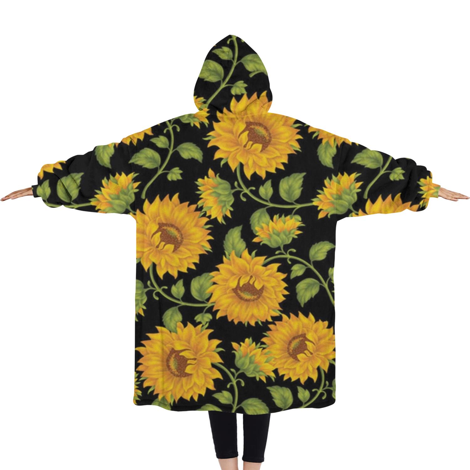 Oversized Wearable Blanket Hoodie,Black Green Stem Sunflower Pattern Sherpa Blanket Hoodie with Super Pockets,Super Warm Fuzzy Pullover for Women & Men