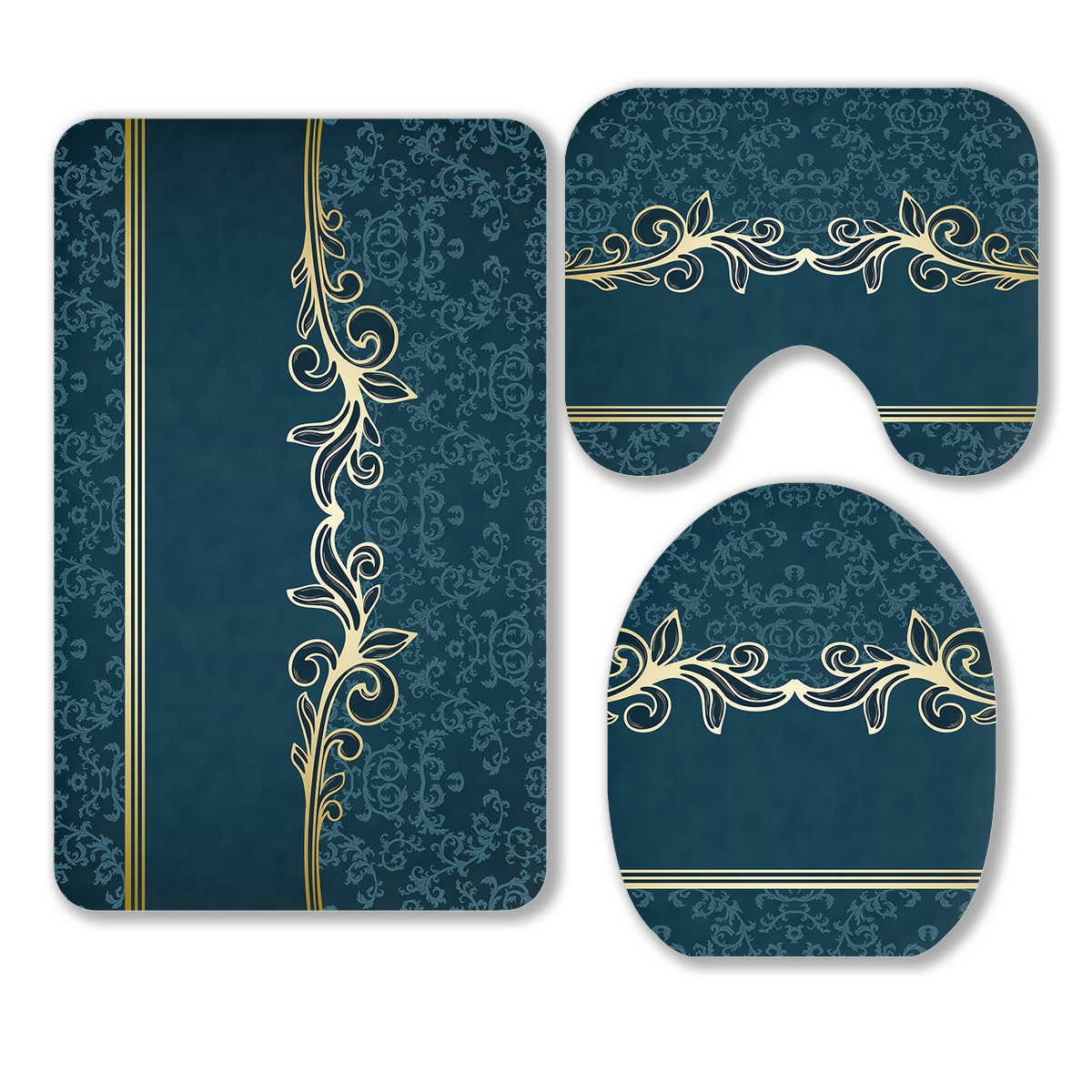 ECZJNT Golden Vintage Frame On Blue Damask Pattern 3 Piece Bathroom Rugs Set Bath Rug Contour Mat and Toilet Lid Cover