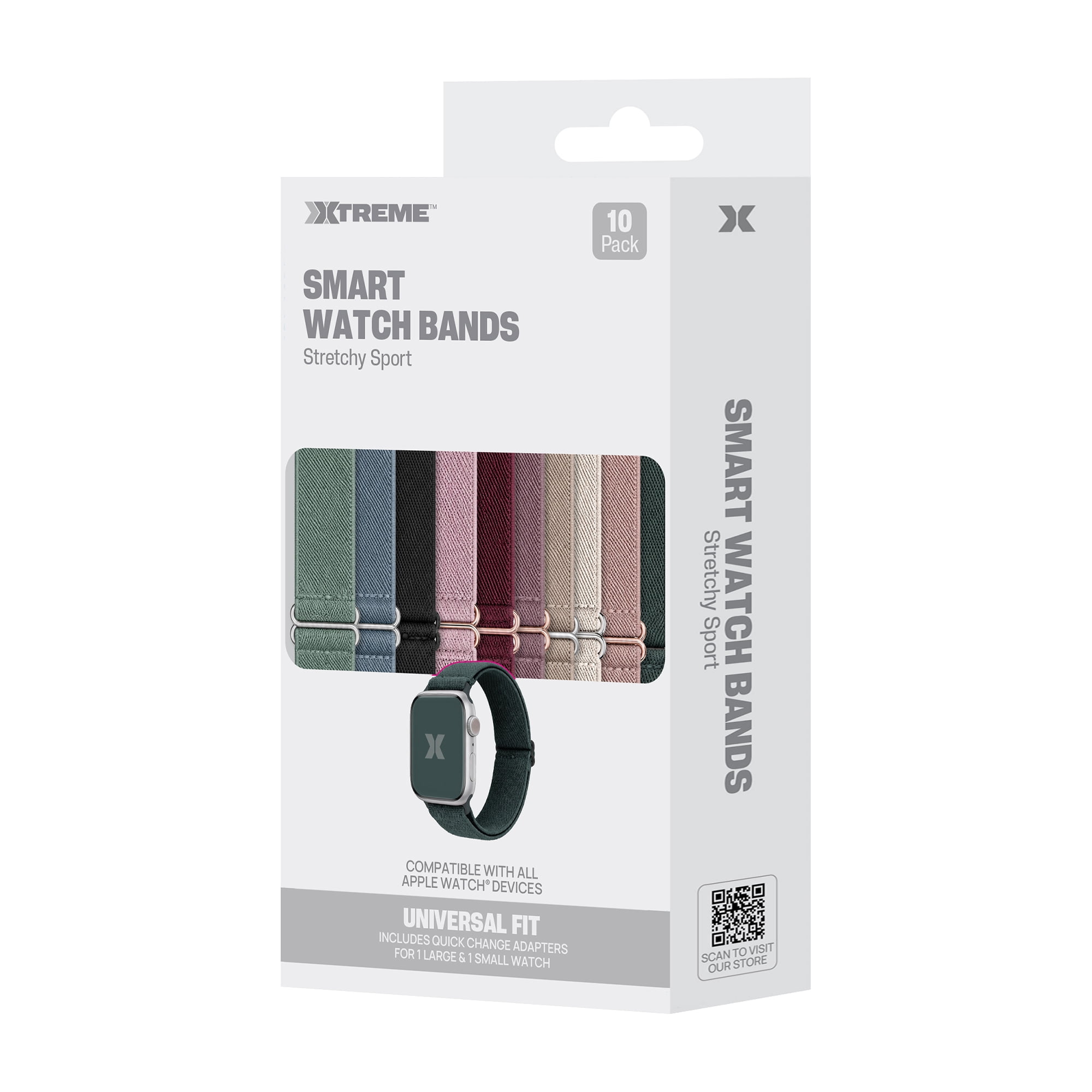 Xtreme 10-Pack Stretchy Sport Bands for Apple Watch Series 1-10 and Ultra 2, Adjustable Elastic Smartwatch Bands with Large and Small Adapters, Assorted Colors