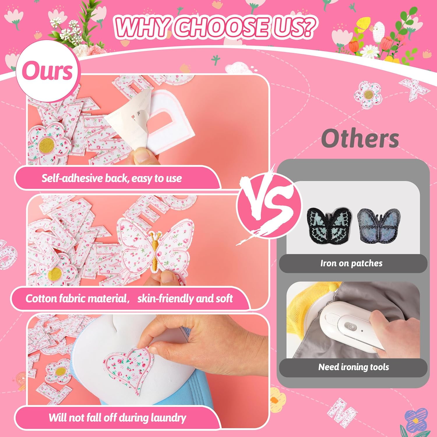 Letter Patches Self-Adhesive for Girls Clothing: Pink 60Pcs Flowers Butterfly Letters Patch Stickers - Cute Fabric A-Z Alphabet Applique Patches Stick on Jackets Hats Bags DIY Crafts