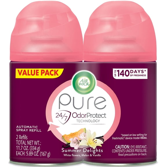 Air Wick Automatic Air Freshener Spray Refill, 2ct, Summer Delights, Odor Neutralization, Essential Oils
