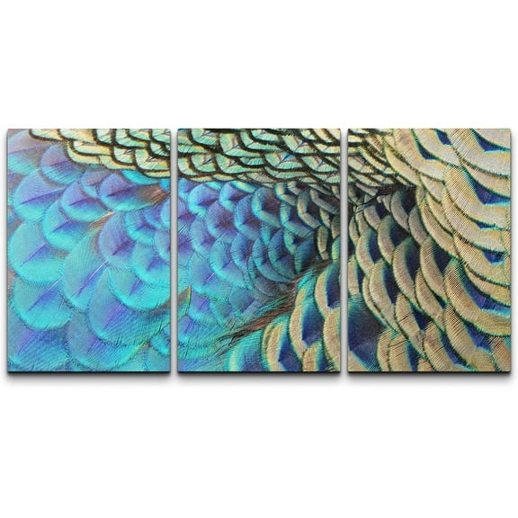 wall26 Canvas Print Wall Art Set Close Up of Teal Peacock Feathers Birds Animals Photography Modern Art Bohemian Colorful Multicolor Ultra for Living Room, Bedroom, Office - 24"x36"x3 Panel